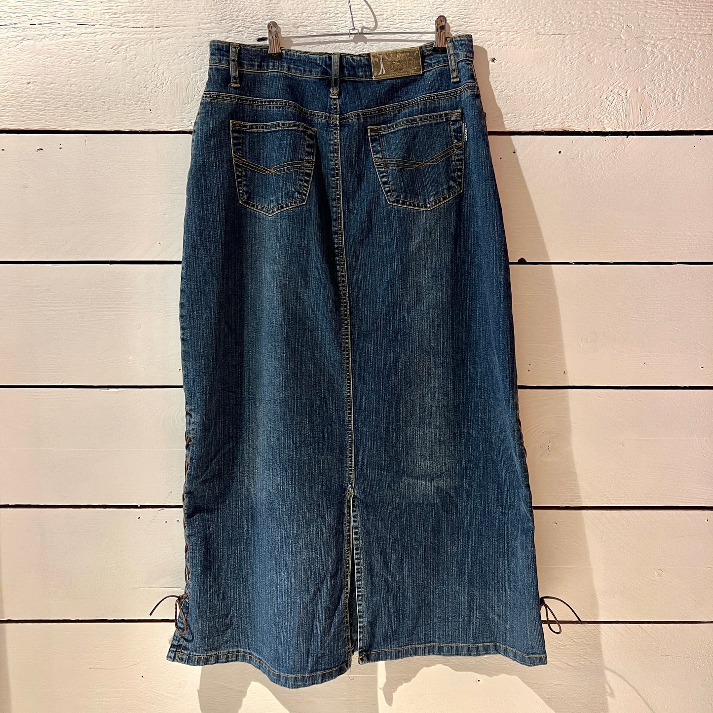 jupe longue jean laçage cuir