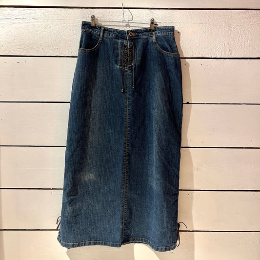 jupe longue jean laçage cuir