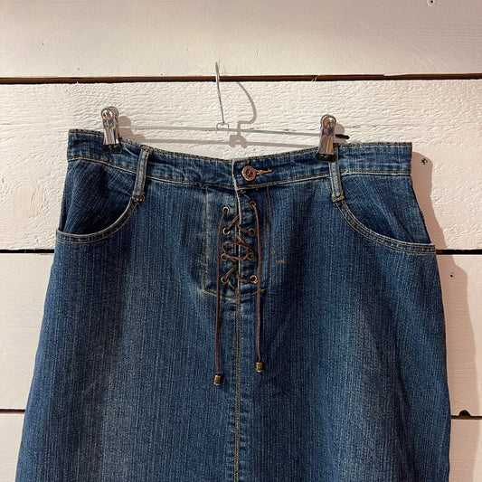 jupe longue jean laçage cuir